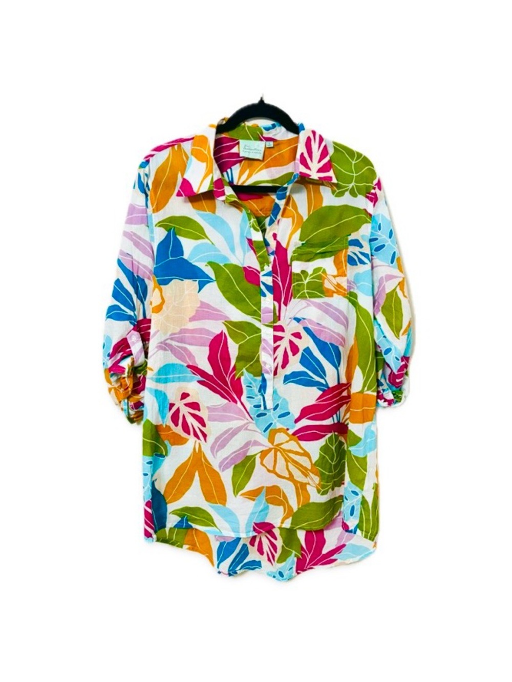 True Destinations Tropical Floral Button Down Shirt Roll-Tab Sleeve 100% Cotton